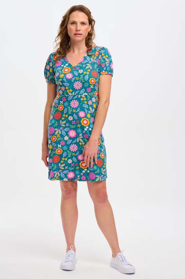 ANNETTE V-NECK JERSEY DRESS IN TEAL, FOLK FLORAL