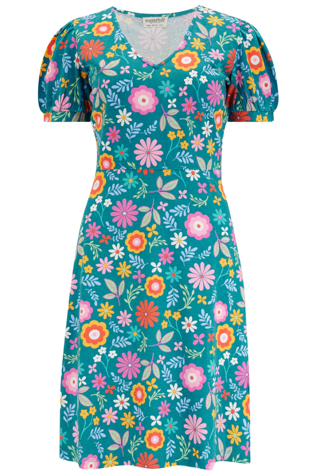 ANNETTE V-NECK JERSEY DRESS IN TEAL, FOLK FLORAL