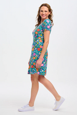 ANNETTE V-NECK JERSEY DRESS IN TEAL, FOLK FLORAL