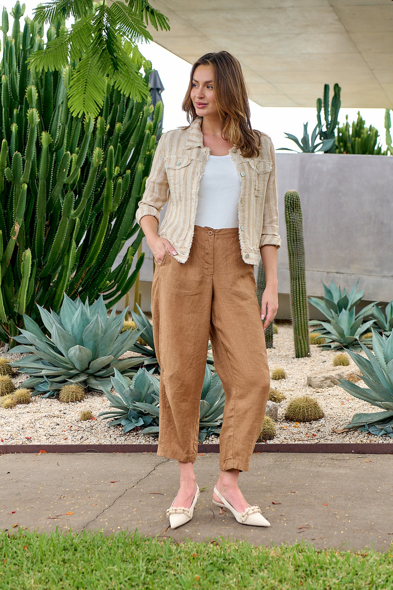 BARREL LEG LINEN PANT IN GINGERBREAD