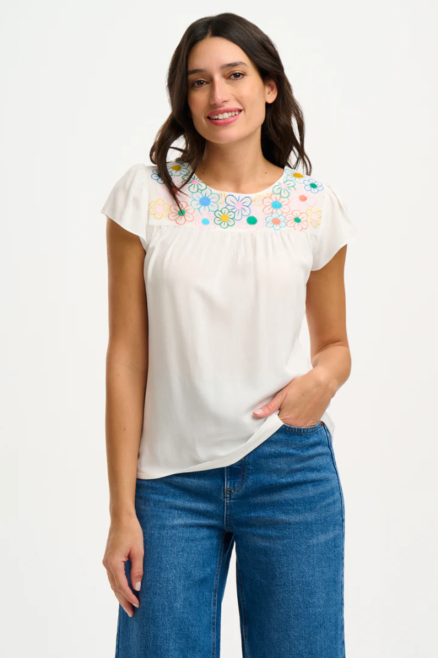 BROOK TUNIC TOP IN OFF-WHITE, RAINBOW FLOWERS