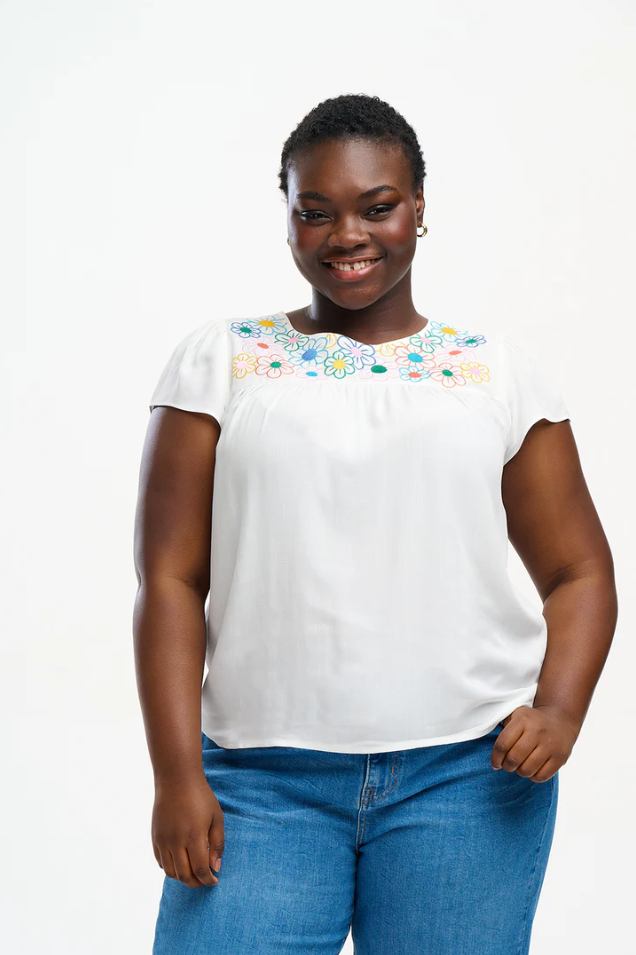 BROOK TUNIC TOP IN OFF-WHITE, RAINBOW FLOWERS