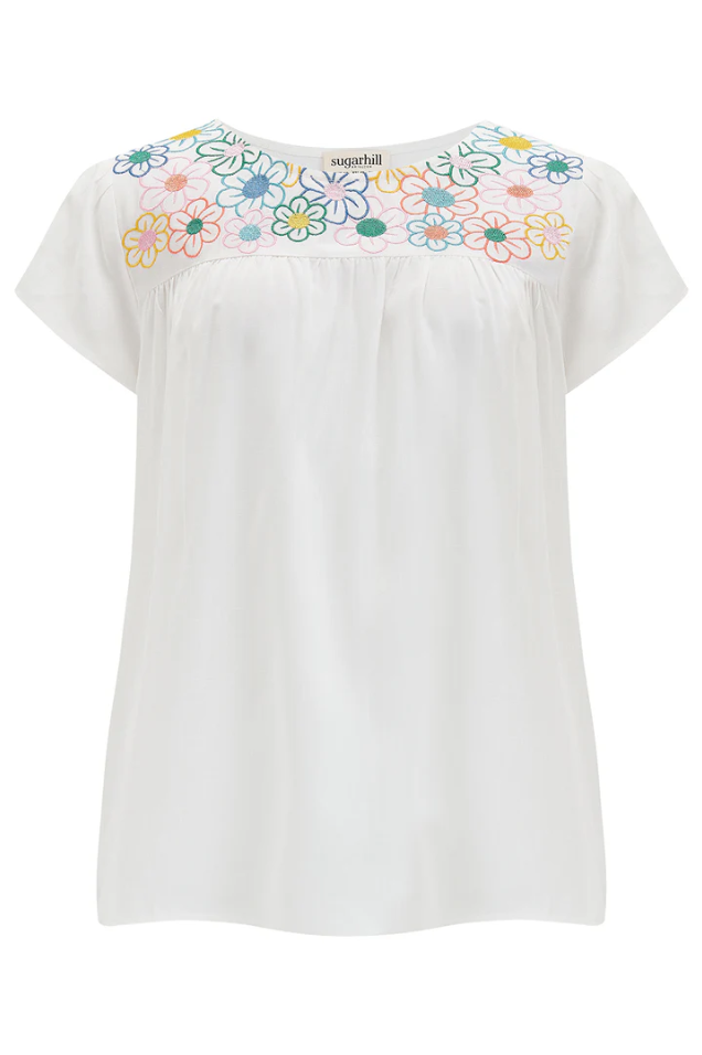 BROOK TUNIC TOP IN OFF-WHITE, RAINBOW FLOWERS