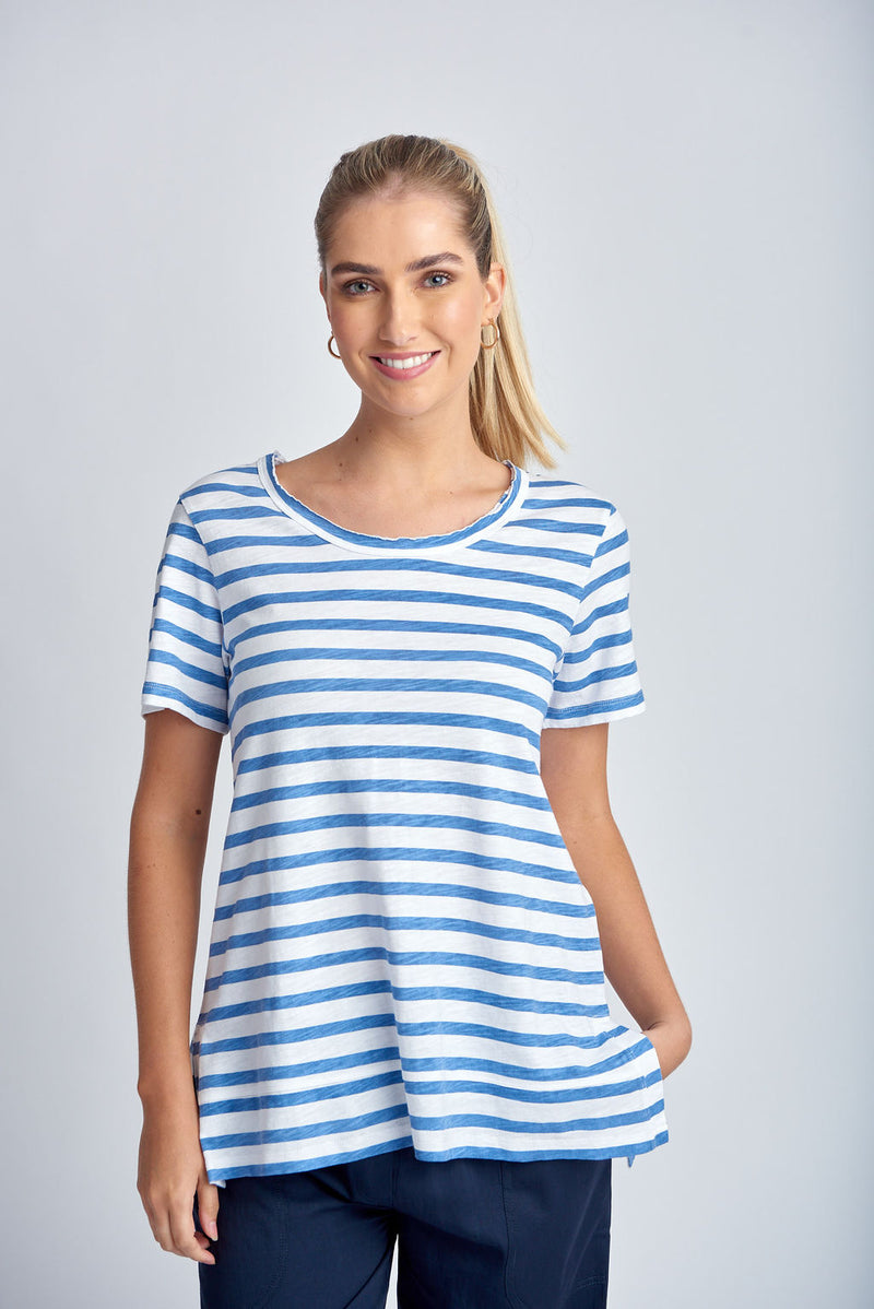 STRIPE CREW NECK TEE - WHITE/DEEP BLUE