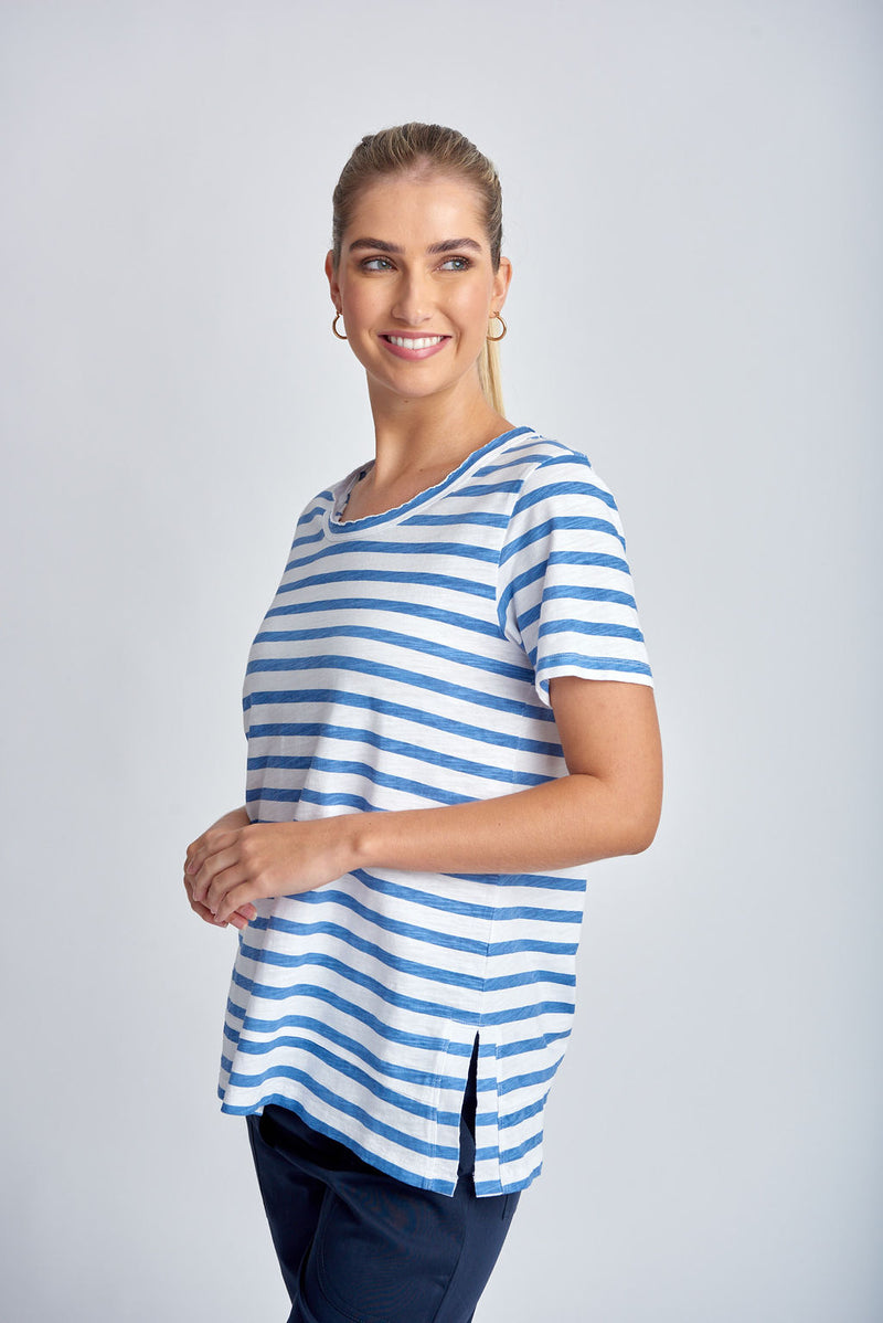 STRIPE CREW NECK TEE - WHITE/DEEP BLUE