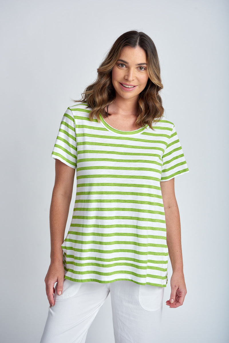 STRIPE CREW NECK TEE - WHITE/GREENERY