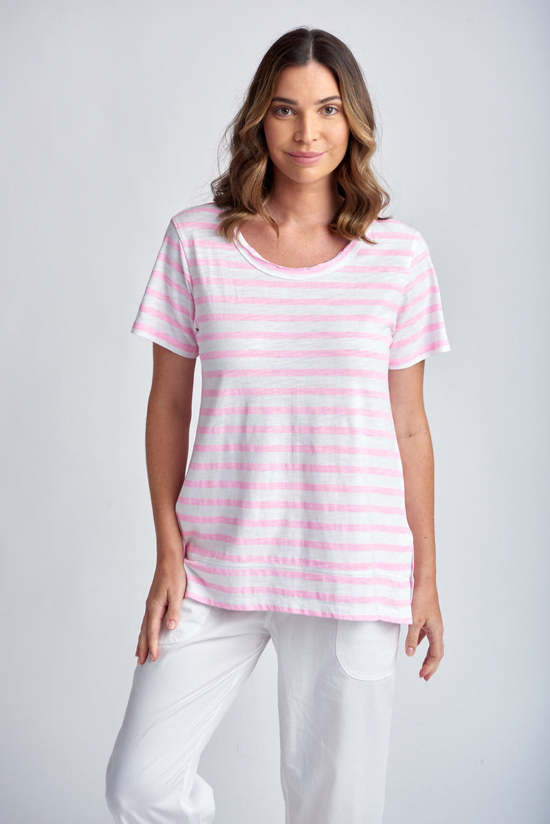 STRIPE CREW NECK TEE - WHITE/LOLLY PINK