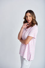 STRIPE CREW NECK TEE - WHITE/LOLLY PINK