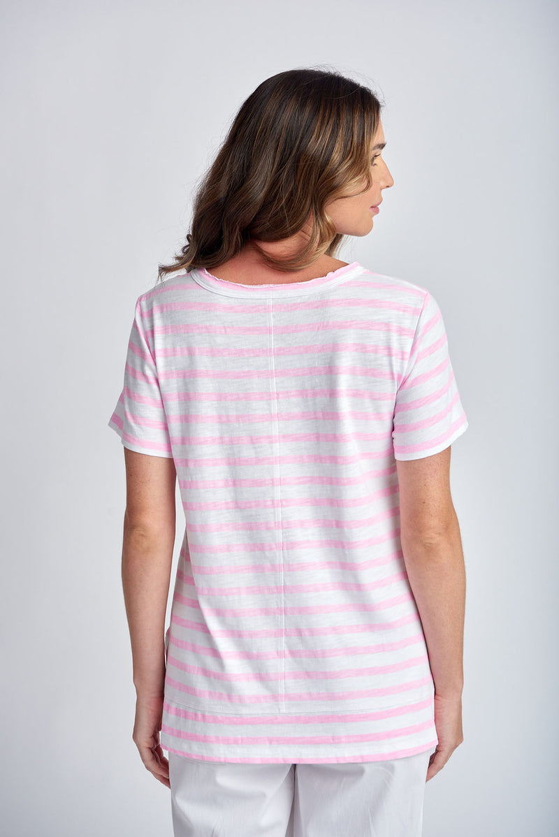 STRIPE CREW NECK TEE - WHITE/LOLLY PINK