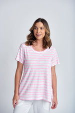 STRIPE CREW NECK TEE - WHITE/LOLLY PINK