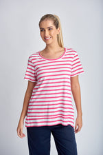 STRIPE CREW NECK TEE - WHITE/DEEP PINK