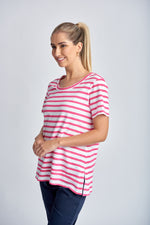 STRIPE CREW NECK TEE - WHITE/DEEP PINK