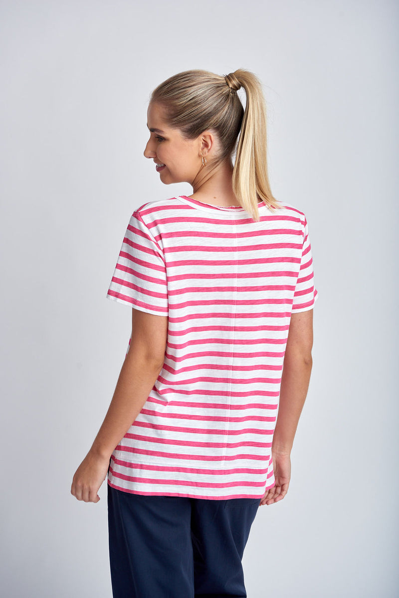 STRIPE CREW NECK TEE - WHITE/DEEP PINK