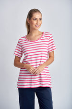 STRIPE CREW NECK TEE - WHITE/DEEP PINK