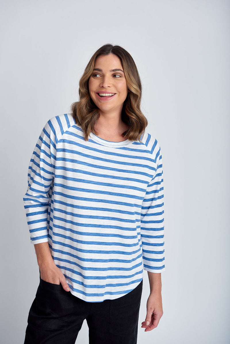 STRIPE 3/4 SLEEVE RAGLAN TEE - WHITE/DEEP BLUE