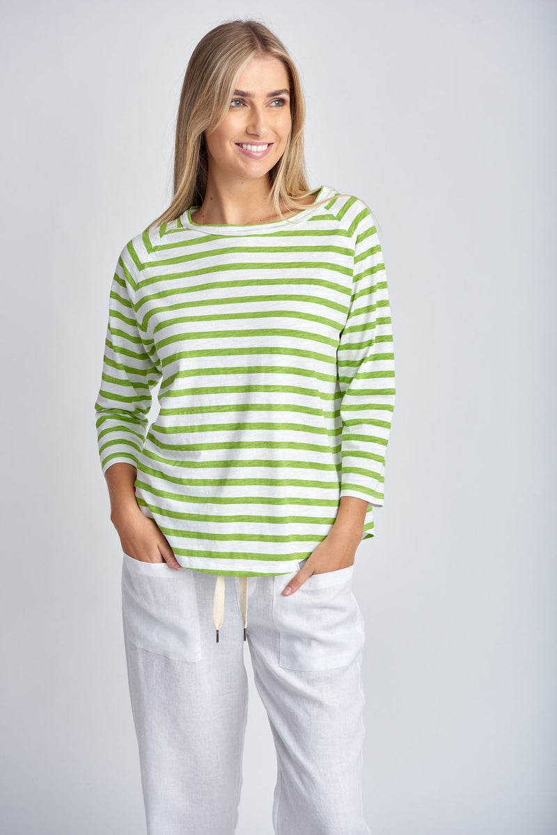 STRIPE 3/4 SLEEVE RAGLAN TEE - WHITE/GREENERY