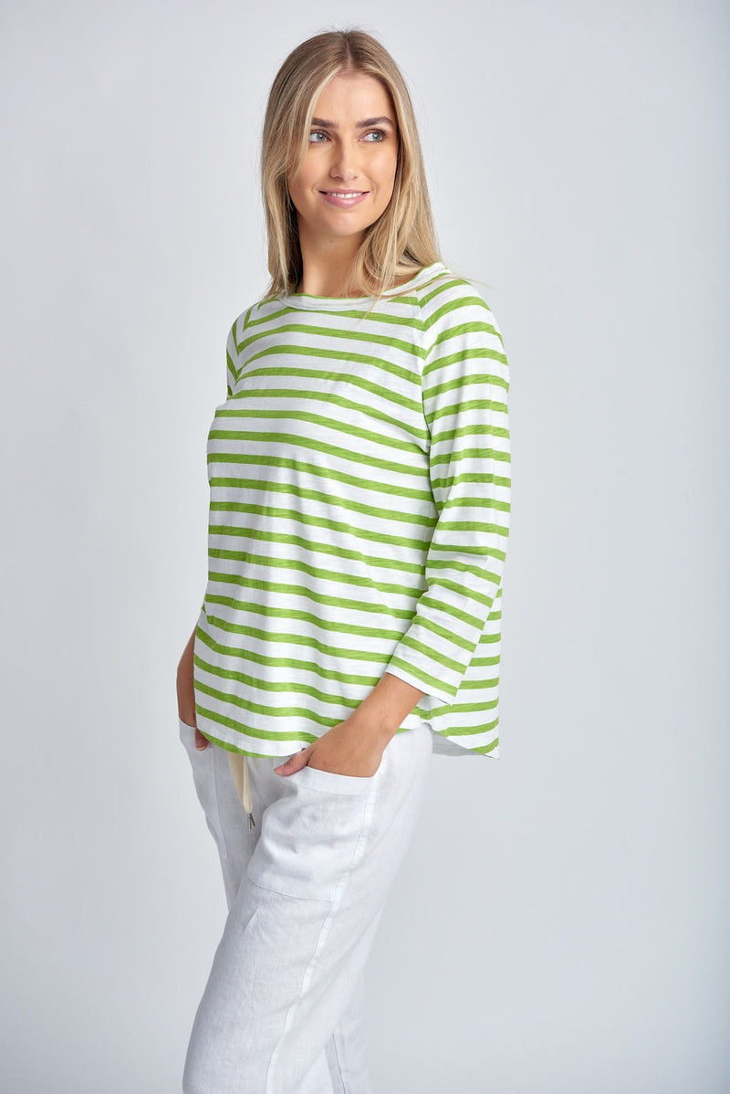 STRIPE 3/4 SLEEVE RAGLAN TEE - WHITE/GREENERY