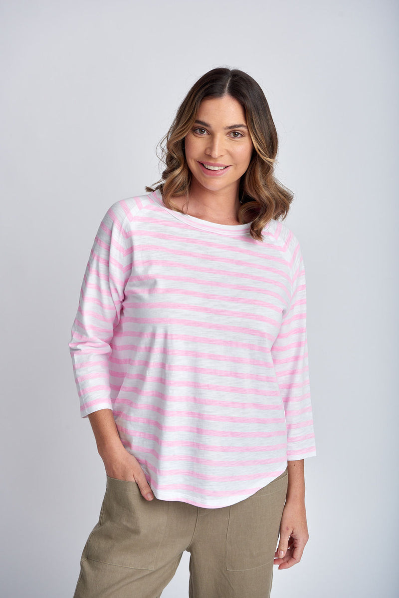 STRIPE 3/4 SLEEVE RAGLAN TEE - WHITE/LOLLY PINK