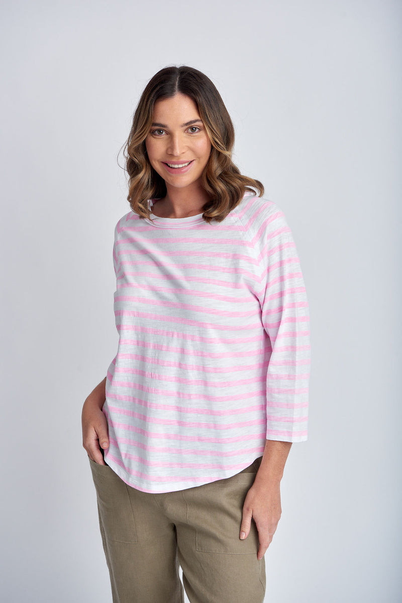 STRIPE 3/4 SLEEVE RAGLAN TEE - WHITE/LOLLY PINK