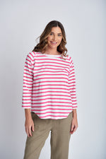 STRIPE 3/4 SLEEVE RAGLAN TEE - WHITE/DEEP PINK