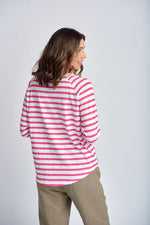 STRIPE 3/4 SLEEVE RAGLAN TEE - WHITE/DEEP PINK