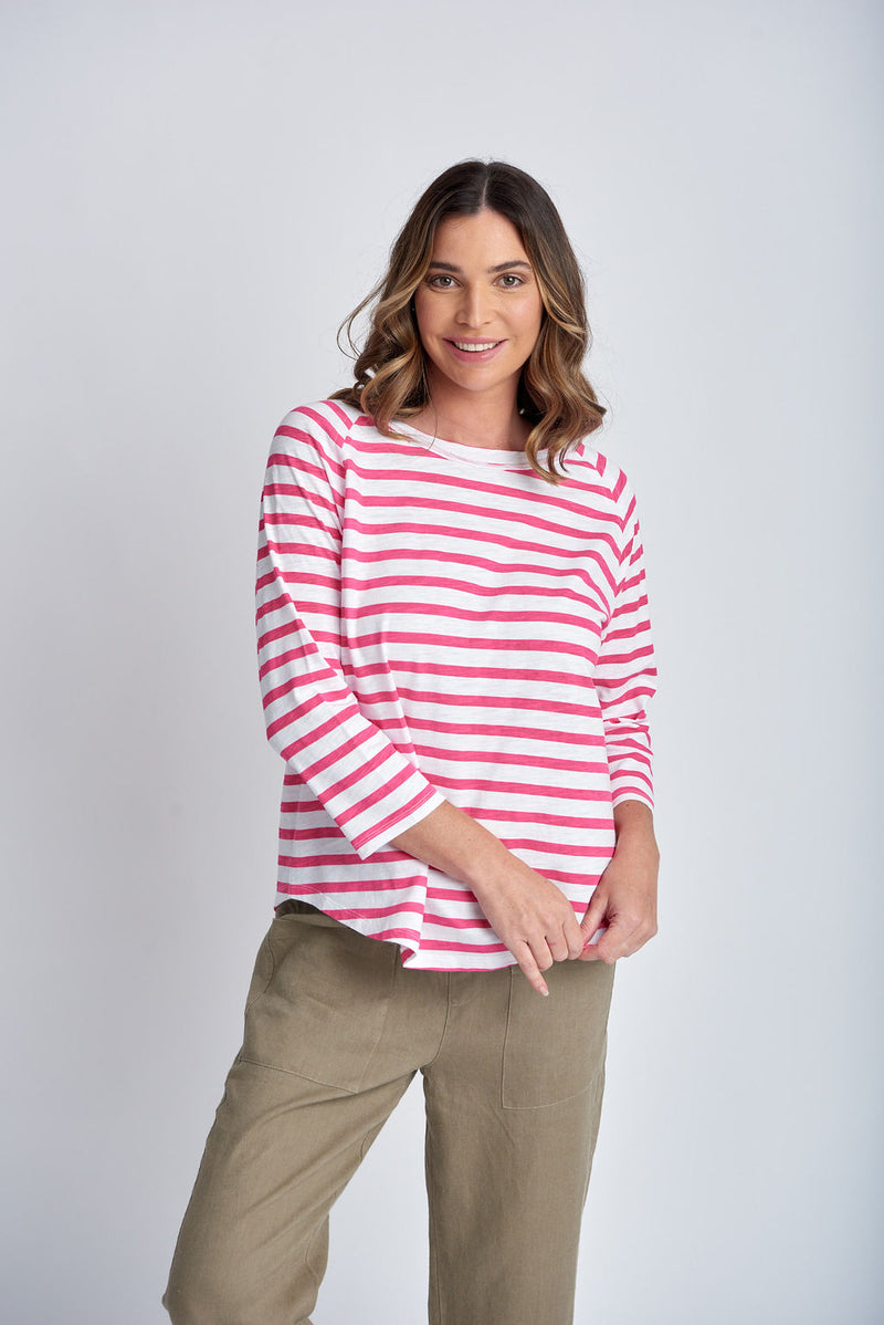 STRIPE 3/4 SLEEVE RAGLAN TEE - WHITE/DEEP PINK