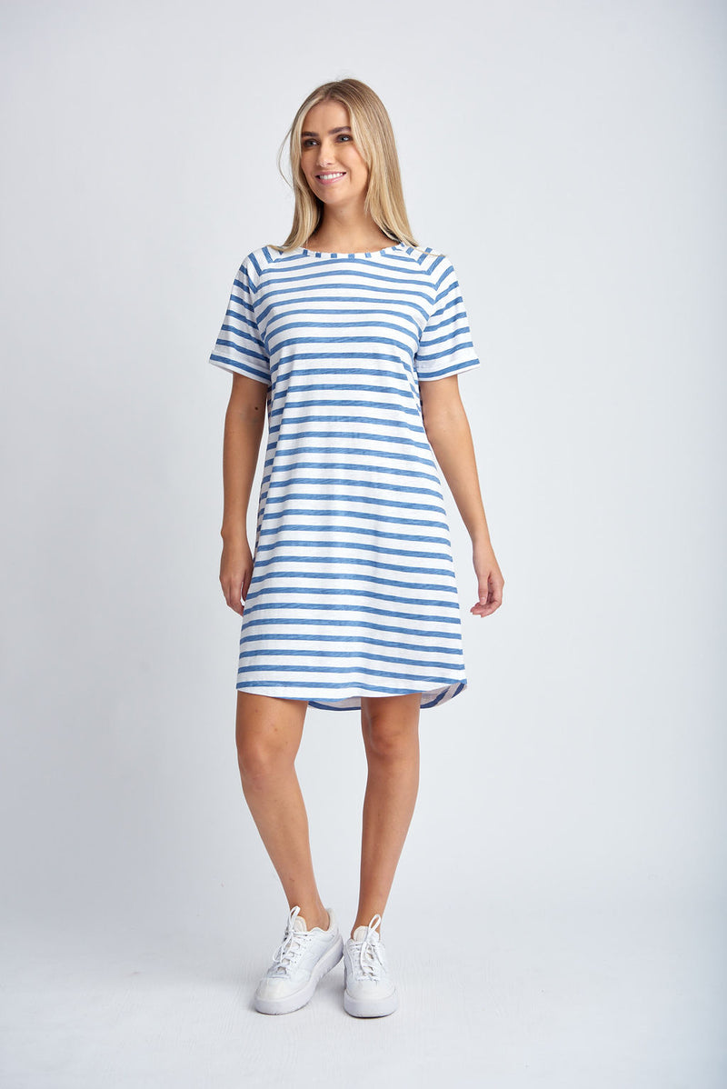 STRIPE RAGLAN SLEEVE DRESS - WHITE/DEEP BLUE