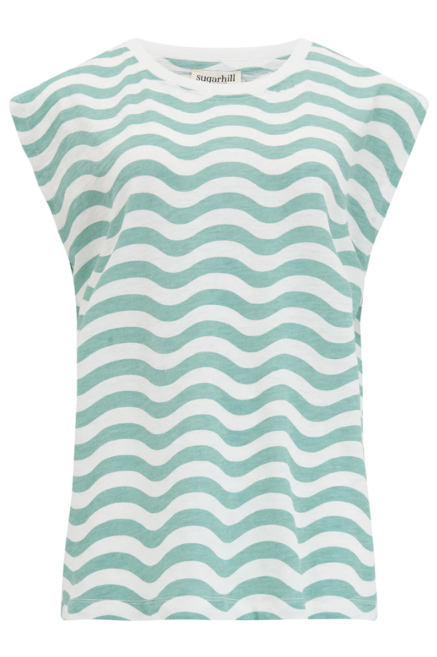 CHRISSY RELAXED TANK T-SHIRT IN OFF-WHITE/SEA GREEN, WAVY STRIPES