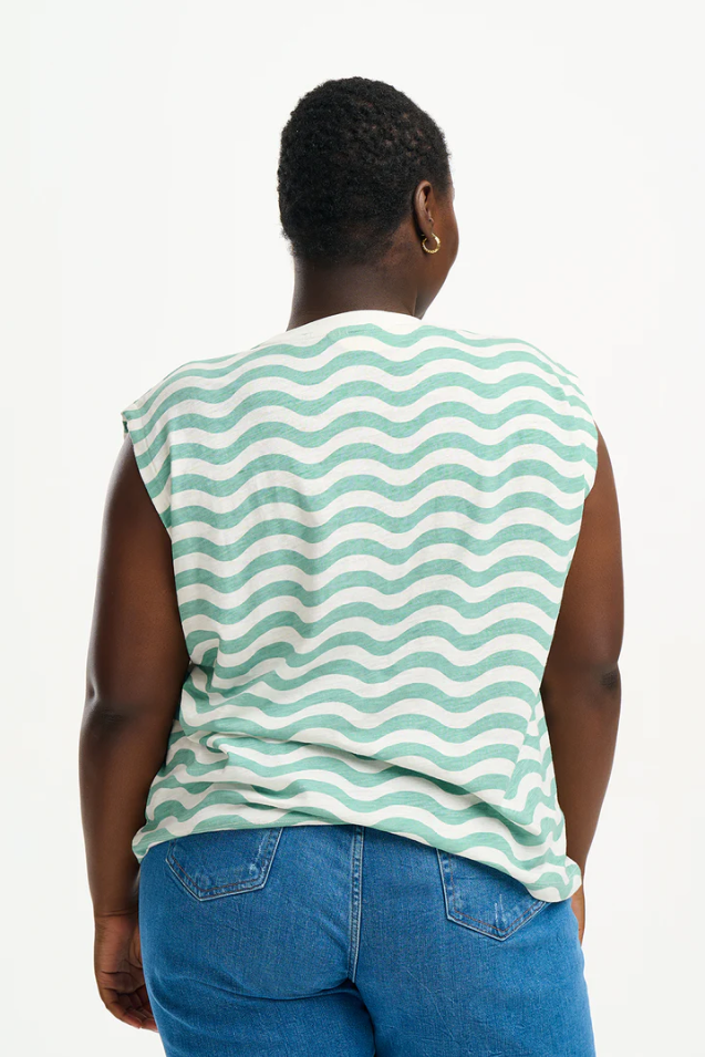 CHRISSY RELAXED TANK T-SHIRT IN OFF-WHITE/SEA GREEN, WAVY STRIPES