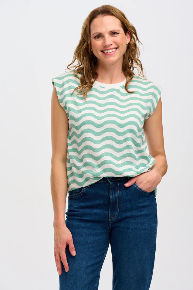 CHRISSY RELAXED TANK T-SHIRT IN OFF-WHITE/SEA GREEN, WAVY STRIPES