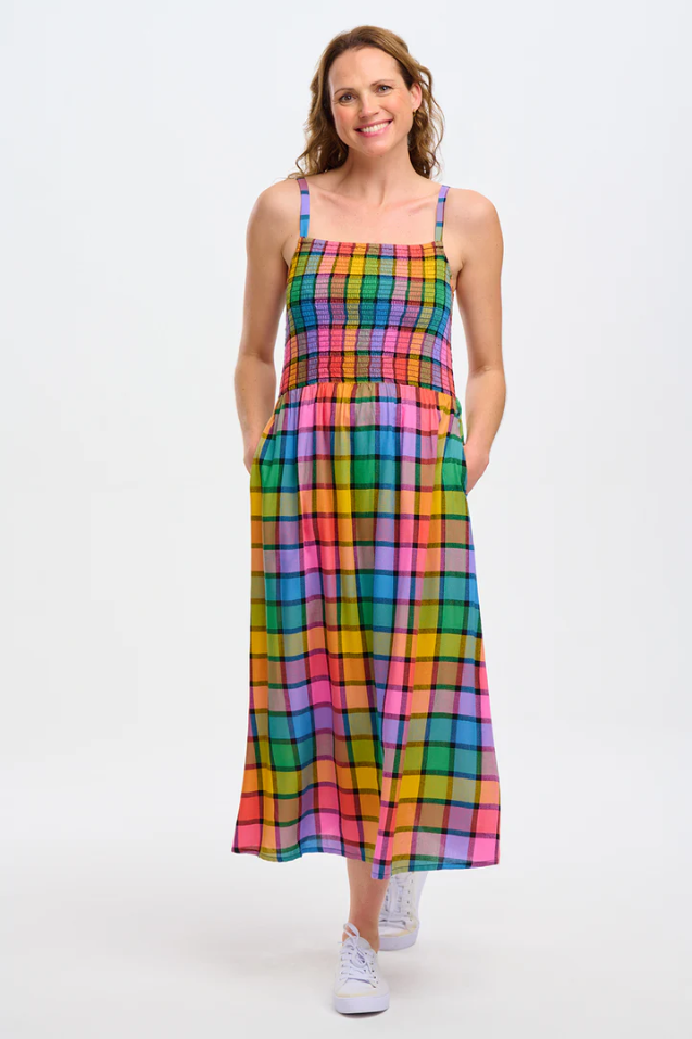 DENALI MIDI SHIRRED SUNDRESS IN MULTI, SUMMER RAINBOW CHECK