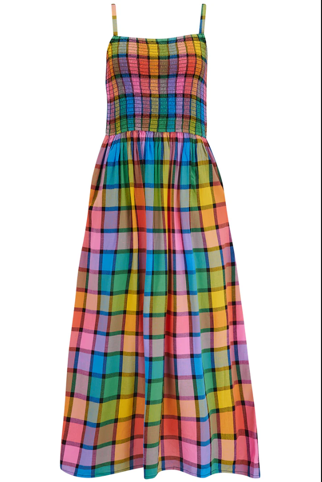 DENALI MIDI SHIRRED SUNDRESS IN MULTI, SUMMER RAINBOW CHECK