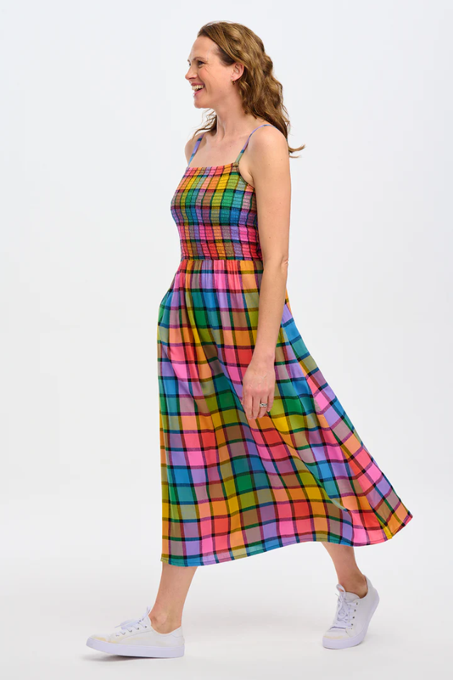 DENALI MIDI SHIRRED SUNDRESS IN MULTI, SUMMER RAINBOW CHECK