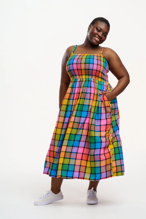 DENALI MIDI SHIRRED SUNDRESS IN MULTI, SUMMER RAINBOW CHECK