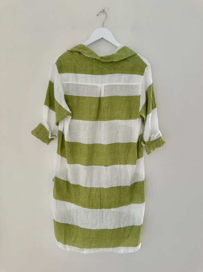 BEACH LINEN DRESS: BIG STRIPE AVOCADO