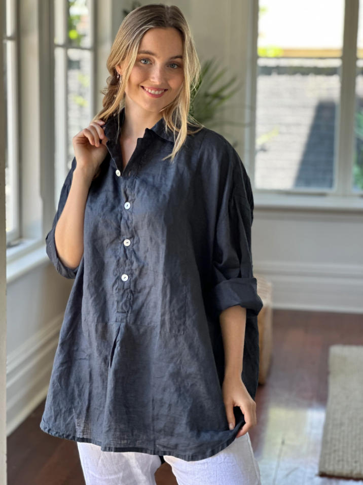 MEGAN LINEN SHIRT: CHARCOAL