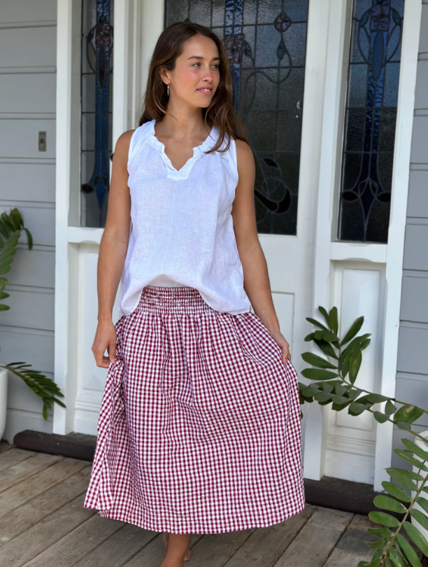 LOLA LINEN SKIRT: RED GINGHAM