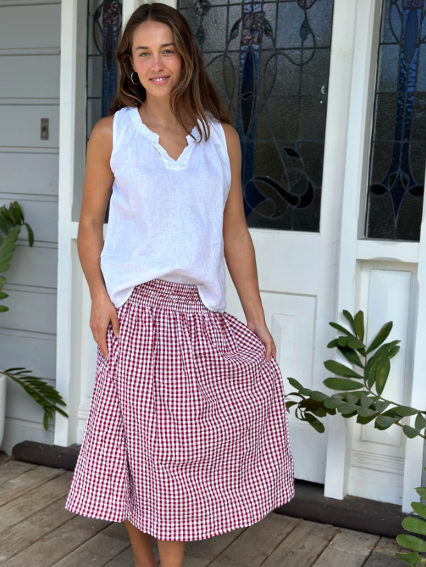 LOLA LINEN SKIRT: RED GINGHAM