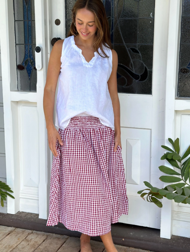 LOLA LINEN SKIRT: RED GINGHAM