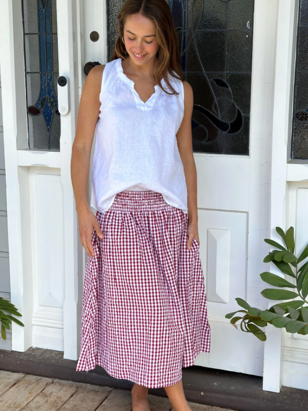 LOLA LINEN SKIRT: RED GINGHAM