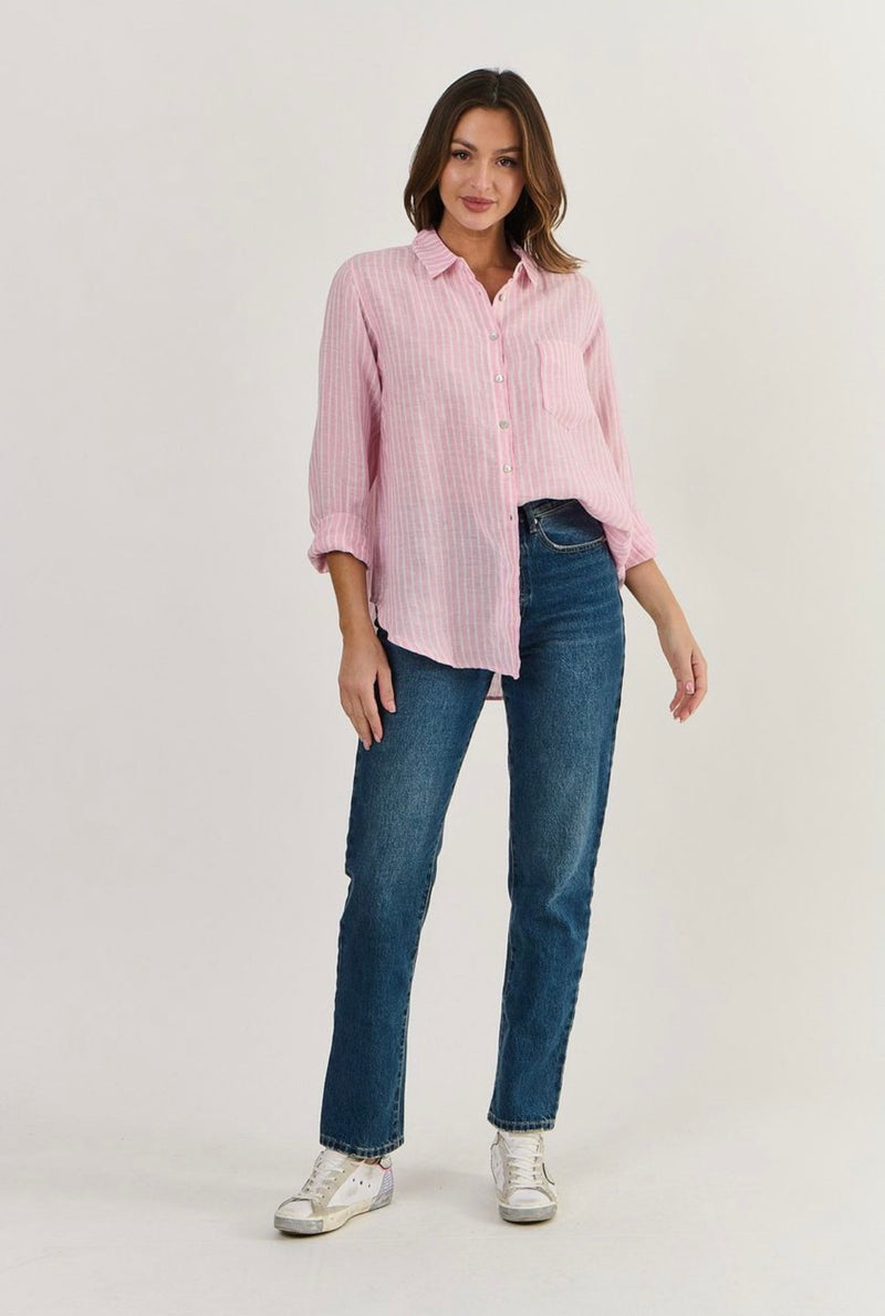 LINEN BOYFRIEND SHIRT IN RAYURE PASTEL