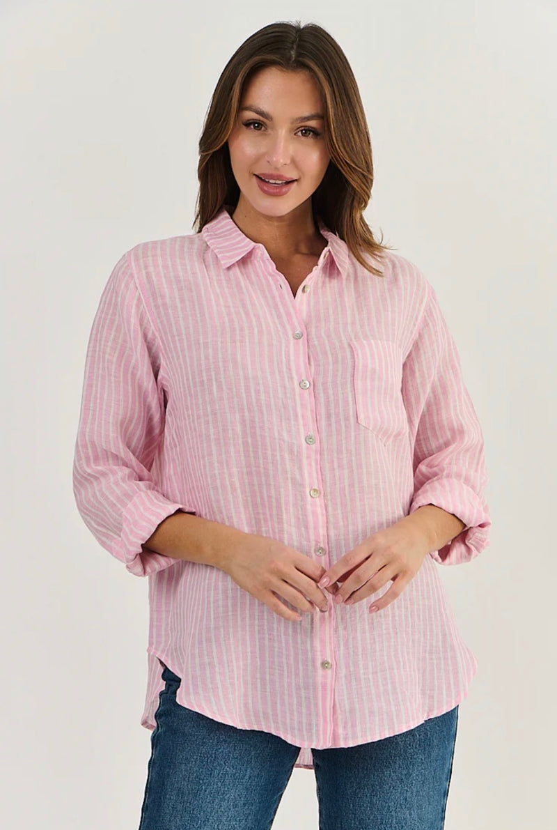 LINEN BOYFRIEND SHIRT IN RAYURE PASTEL