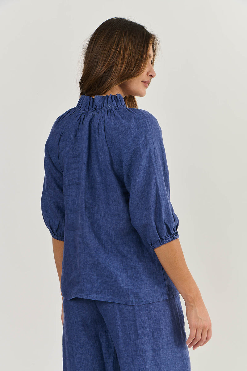 GATHERED NECK LINEN TOP IN DELTA