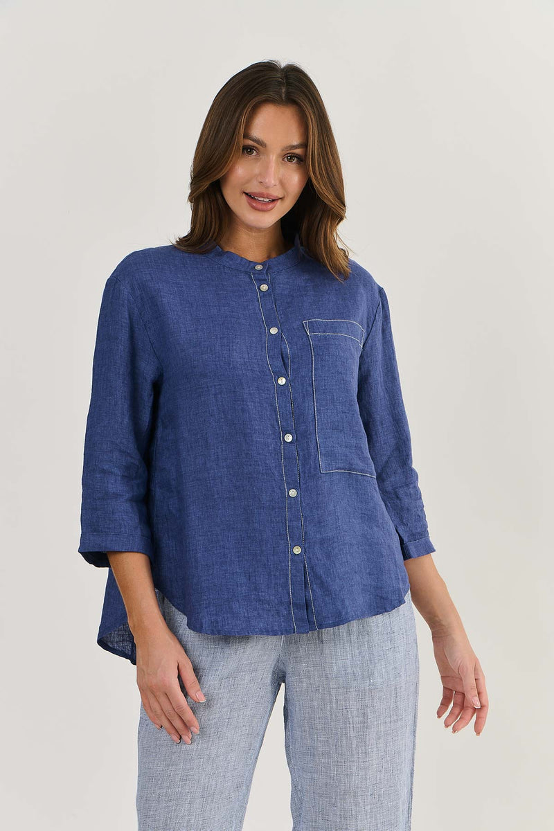 CREW NECK LINEN SHIRT IN DELTA