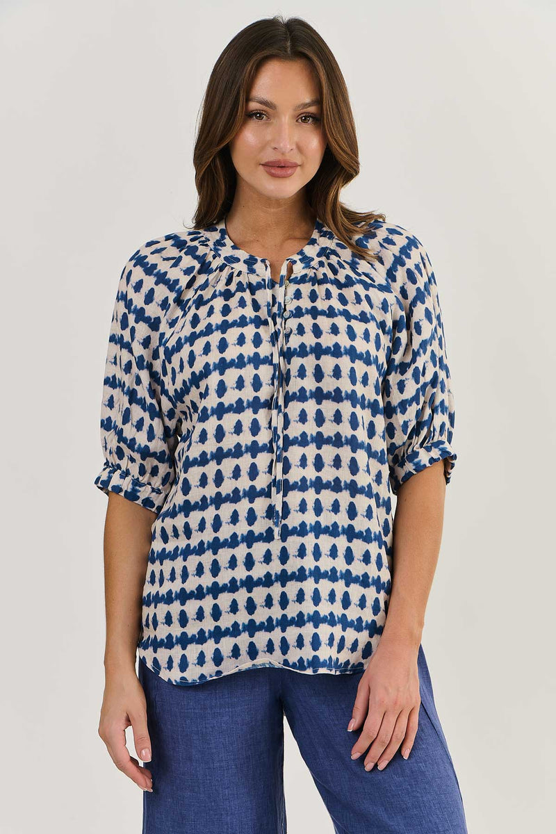 LINEN PEASANT TOP IN DELTA BLOT