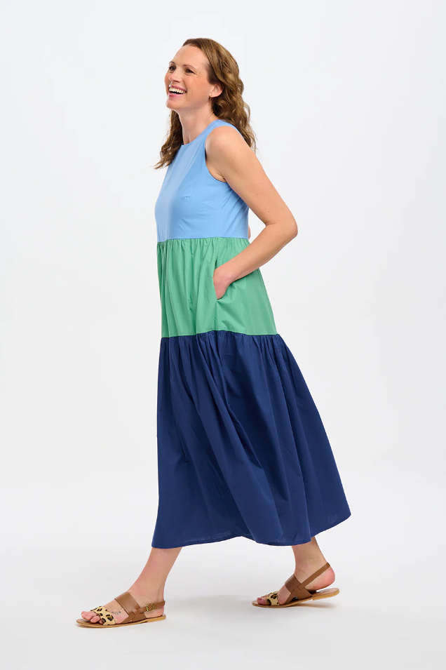 JUNIPER MAXI TIERED SUNDRESS IN MULTI, SEA COLOUR BLOCK