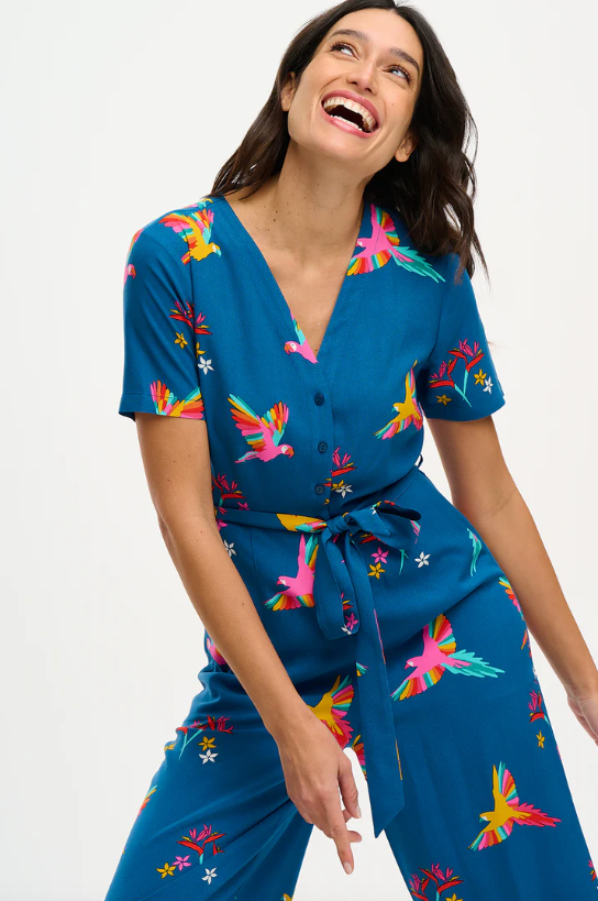 KRISTIE CROPPED JUMPSUIT TEAL, RAINBOW PARROTS