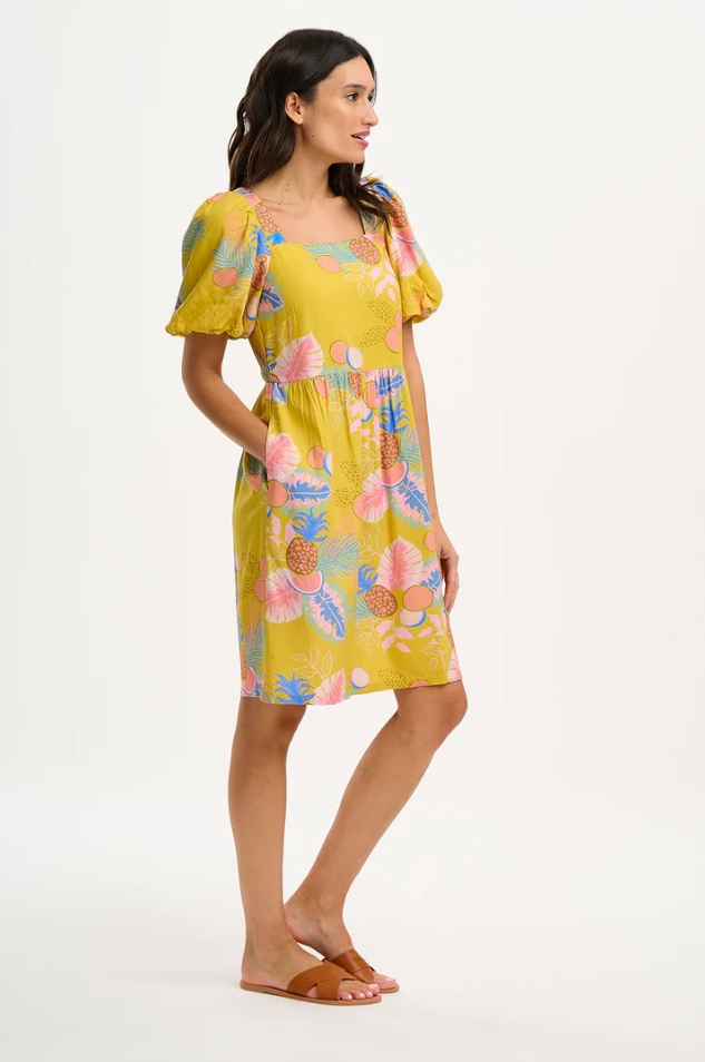 LILOU DRESS IN YELLOW, TROPICAL FRUITS