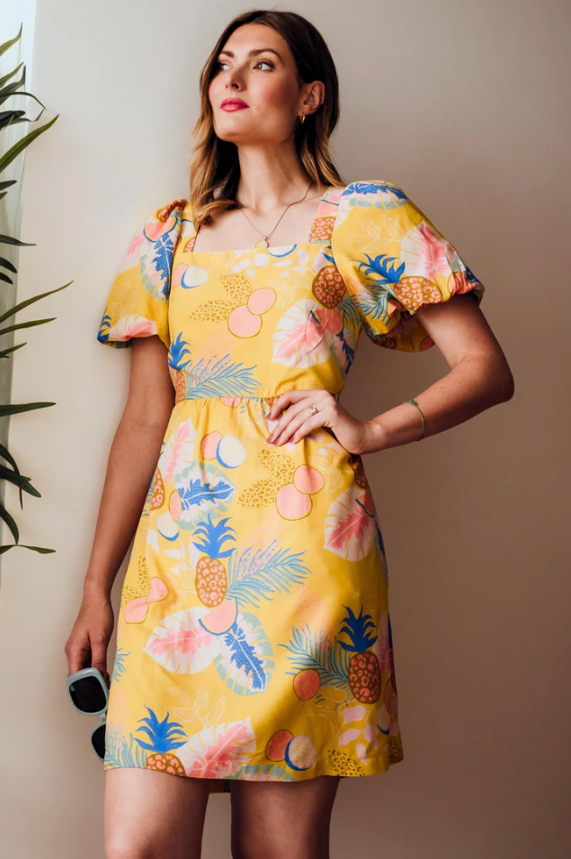 LILOU DRESS IN YELLOW, TROPICAL FRUITS