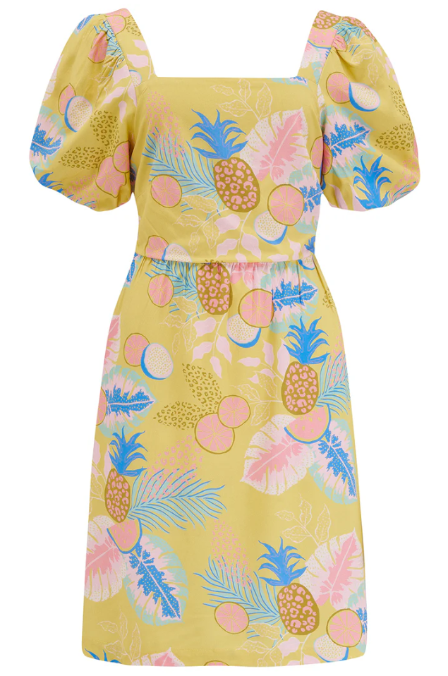 LILOU DRESS IN YELLOW, TROPICAL FRUITS